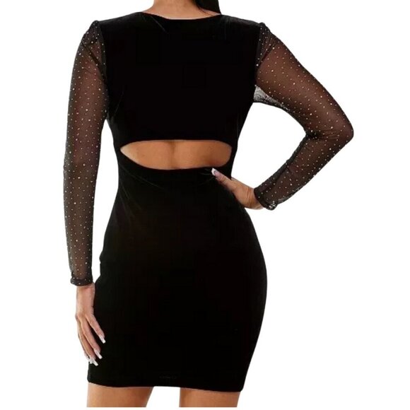 Velvet Open Back Cocktail Party Dress Size Black Jeweled Sleeve - Picture 2 of 6